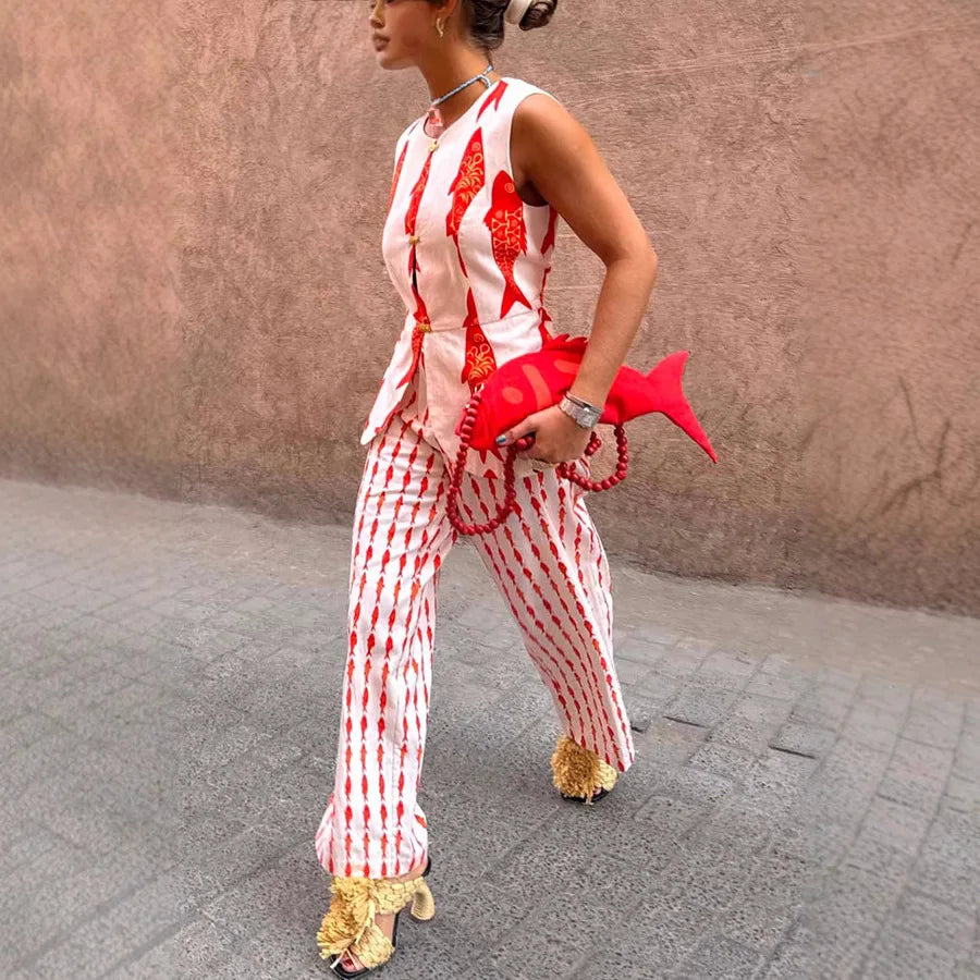 Summer Women Cartoon Red Fish Print O Neck Tank Top And Straight Female Long Pants Short Sleeve Shirt Wide Leg Pant 2 Piece Sets