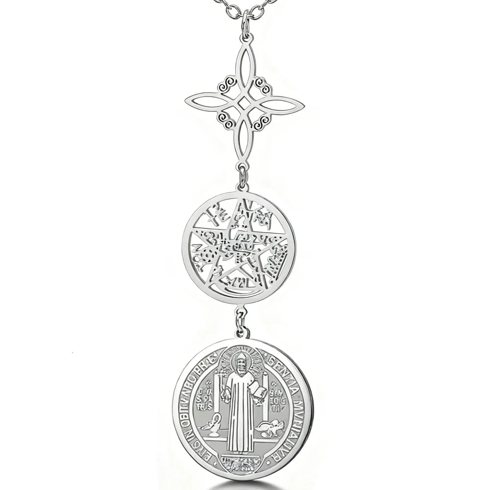 Triple Protection Necklace With Witch Knot Pentagram Tetragrammaton St. Benedict Stainless Steel Spiritual Symbol Amulet Jewerly