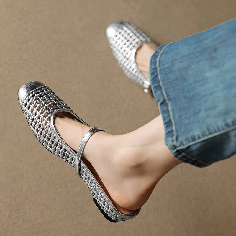 2025 New Summer Weave Slippers Cover Toe Sandals Mesh Mules Women Shoes increase height Heel Ladies Shoes Modern Slippers Sliver
