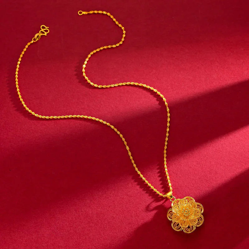 24K Gold Color Flower Pendant Necklaces for Women 18 Inch Water Wave