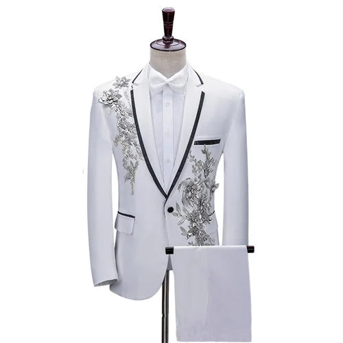 (jacket+pants) Men Fashion Wedding Banquet Party Flower Suits Singer