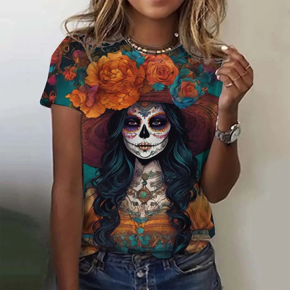 Fashion Women's T-shirt for Girls Summer Short Sleeve Sexy Girls Clothes Day of the Dead Undead Skull Pattern oversized T-shirts