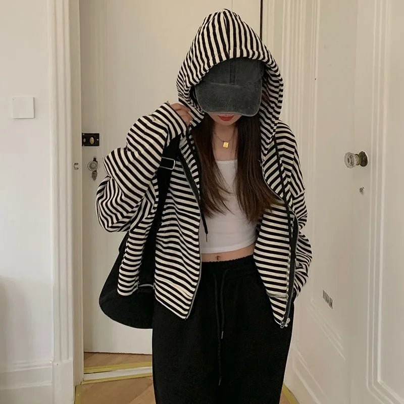 2000S American Vintage Striped Loose Long Sleeve Hooded Sweatshirt Y2k Subculture Casual Zip Up Hooded Cardigan Harajuku Coats