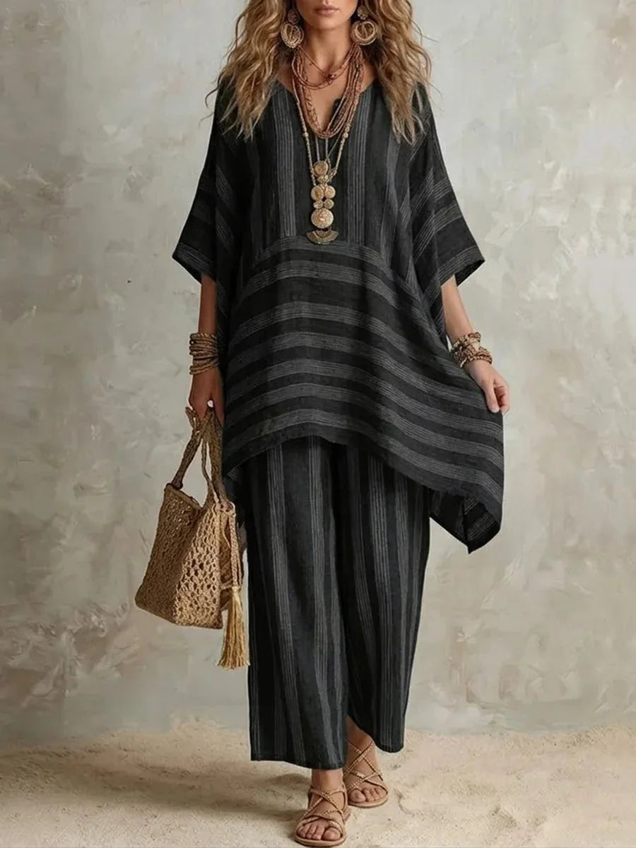 2026 New Women's Two Piece Spring/Summer Fashion V-neck Loose Striped Casual Set