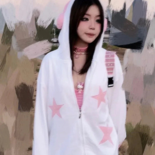 Sudadera con capucha y auriculares de estrellas blancas y rosas