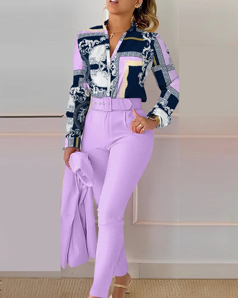 Women Shirt Pants Set Autumn Elegant Fashion V Neck Floral Print Long Sleeve High Waist Office Lady Casual Trousers Suits