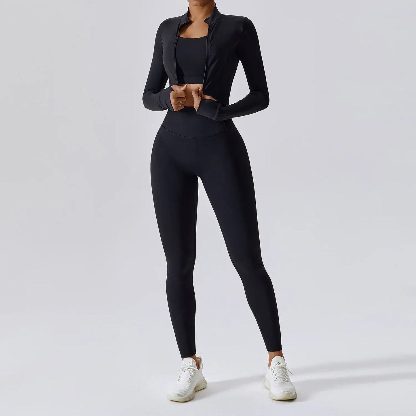 Conjunto Deportivo de 3 Piezas para Entrenar: Sujetador Deportivo, Leggings de Gimnasio de Tiro Alto y Manga Larga