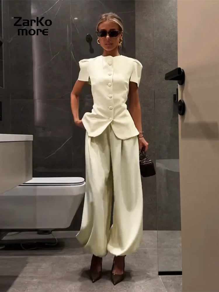 Casual Women's Waist Cinched Blazer Pants Set O-neck Puff Sleeve Shirts Loose Lantern Pant 2026 Summer Lady Chic Commute Suit