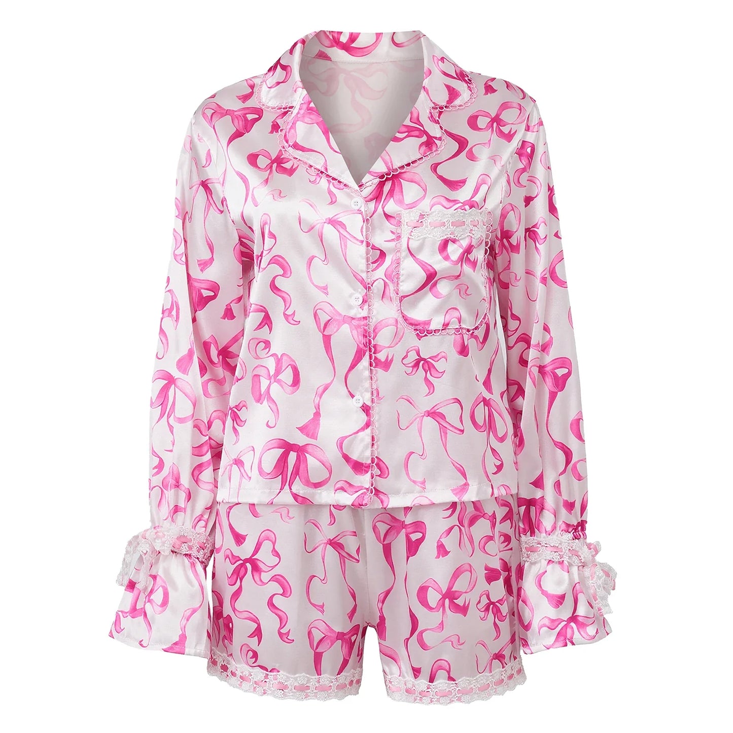 Womens Satin Christmas Pajamas Sets Print Button Up Long Sleeve Lapel V Neck Tops and Shorts Lounge Wear 2 Pieces Suits