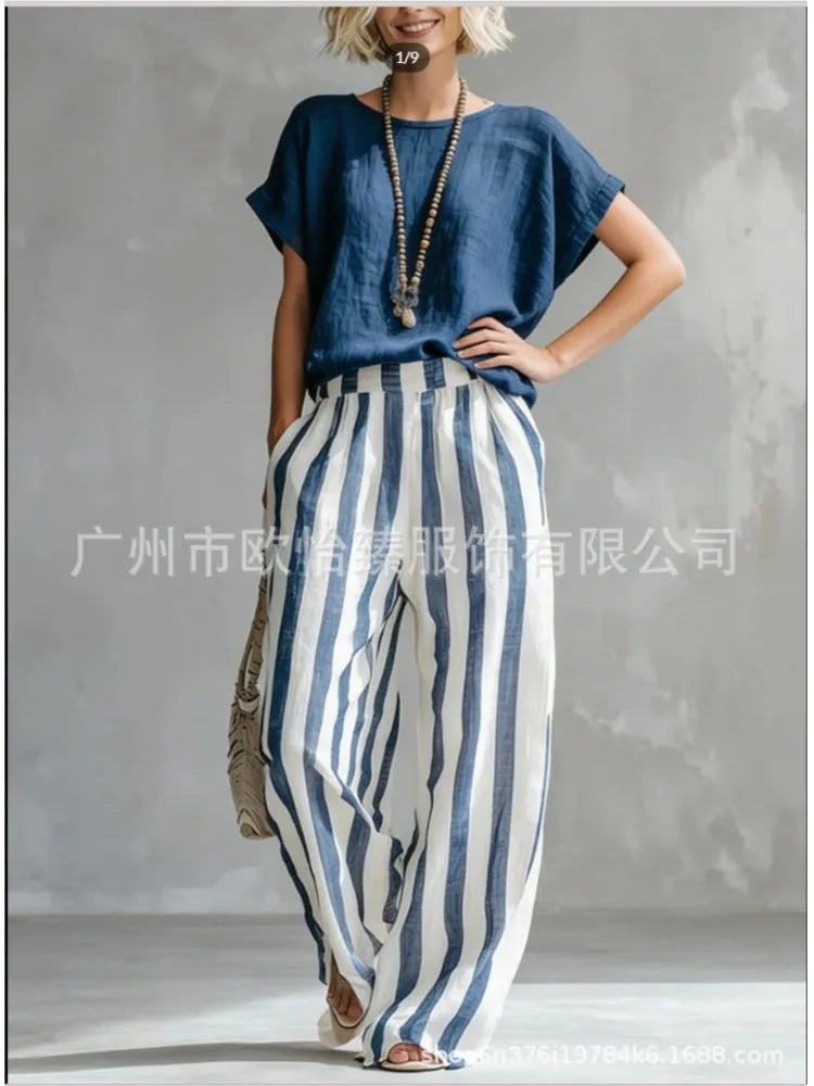 Fashion Linen Printed Striped Trousers Short-sleeved Women 2piece Set Summer New Retro Loose Wide-leg Trousers Female Casual Set
