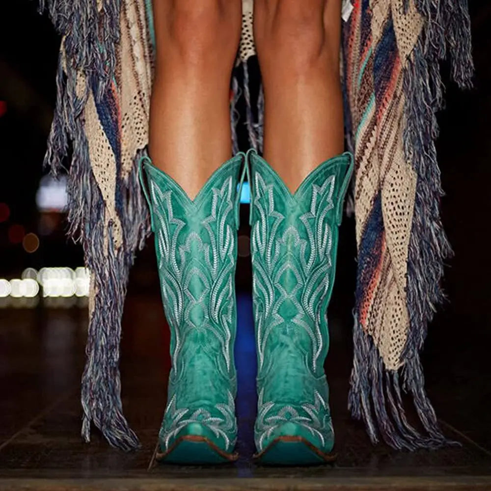 Botas de cowboy bordadas para mujer, hasta la rodilla, a media pantorrilla, botas vaqueras vintage de tacón, zapatos casuales de tacón grueso para otoño