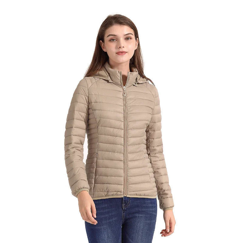 SANTELON Women Fashion Ultralight Padded Puffer Jacket Coat Lady Soild Lightweight Warm Outwear With Detachable Hood Storage Bag