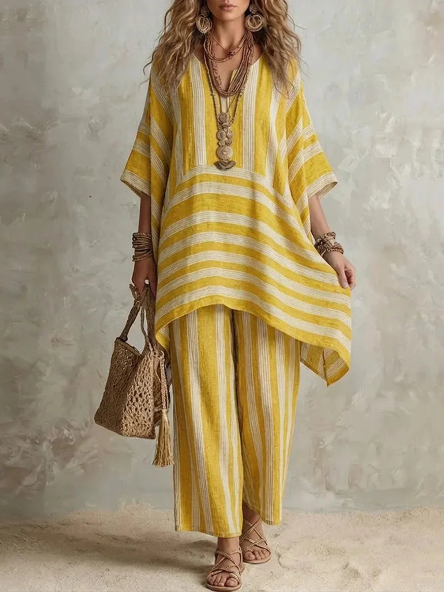 2026 New Women's Two Piece Spring/Summer Fashion V-neck Loose Striped Casual Set