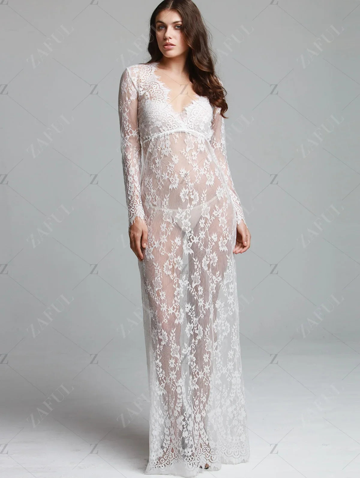 Sexy See Through Lace Long Dresses For Women Deep V-neck Solid Color Maxi Dress Fashion Streetwear Party Night Club Vestidos New