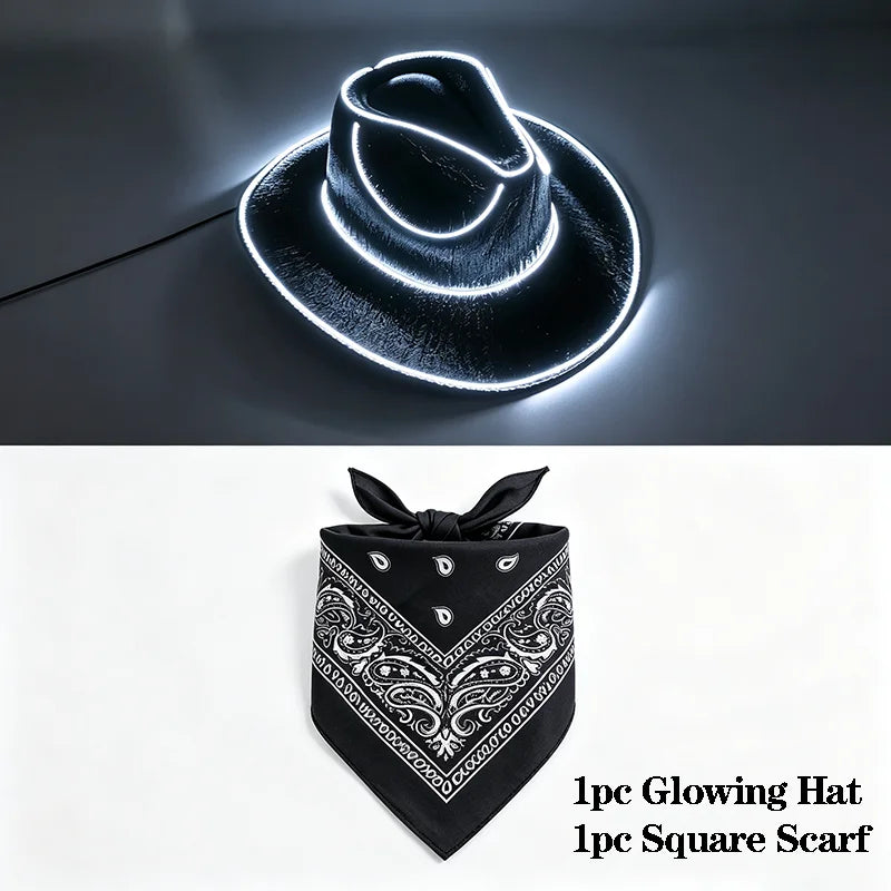 EL Wire Glowing  Cowboy Hat Square Bandana Scarf Set Neon Light Up Hat for Women Men Halloween Rave Party Cosplay Costume Outfit