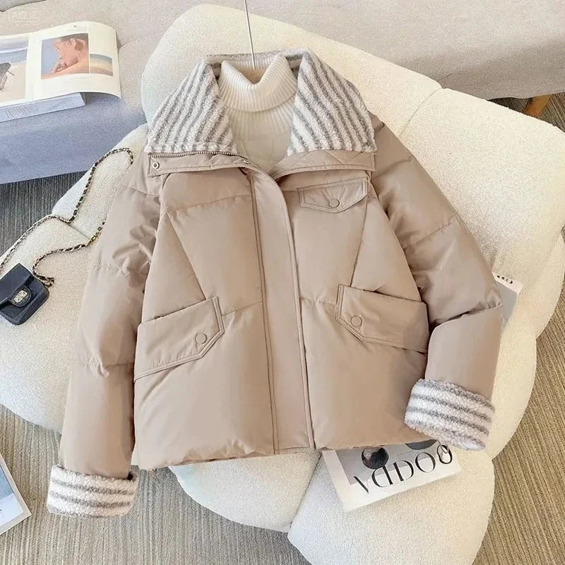 Women Lapel Collar Parkas Jacket Autumn Winter Femme Short Cotton Padded Coat Lady Fashion Long Sleeves Puffer Outwear