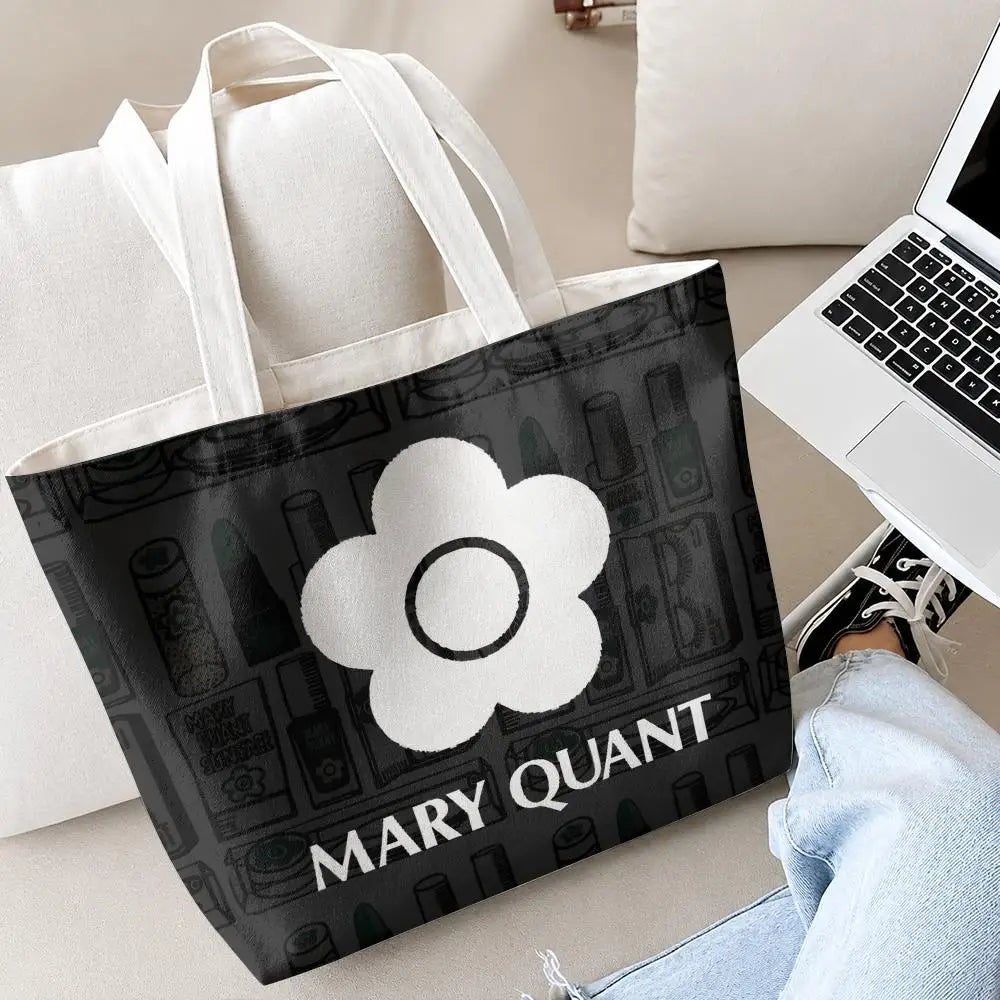 Fashion M-Mary Quant Storage Bags 2-Piece Canvas Tote Bag Set with Zipper Pouch Large Capacity Shopping Travel Bag