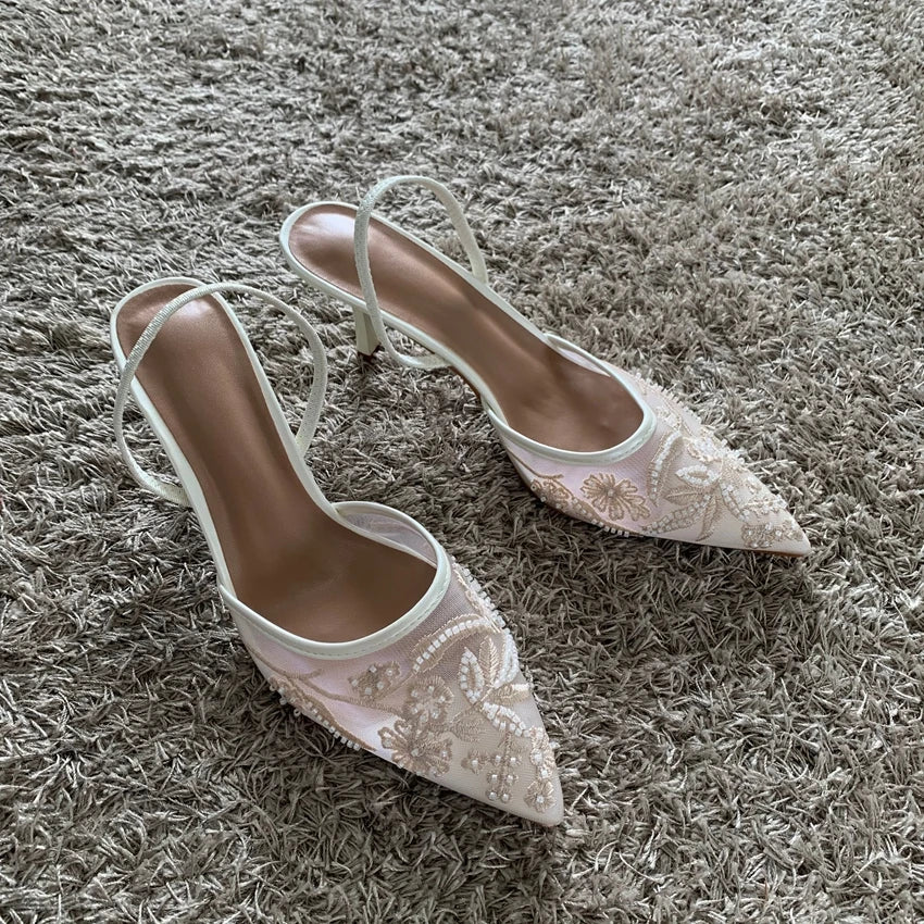 2026 String Bead Mesh Embroider Slingback High Heels Women Sexy Pointed Toe Heeled Sandals Summer Elegant Luxury Designer Shoes