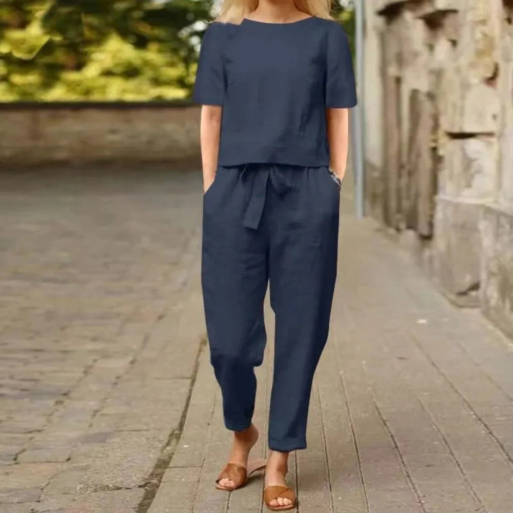 Half-sleeved Women's Cotton Linen Suit Elastic Waist Wide-leg Two-piece Set Round Neck Comfortable Summer Matching Suit