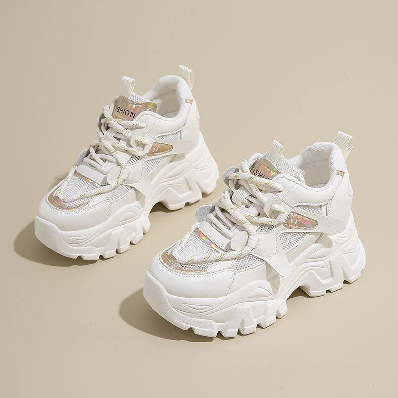 Breathable Chunky White Sneakers for Women Fashion Laser Thick Bottom Vulcanize Shoes Woman 2025 Lace Up Platform Running Shoes