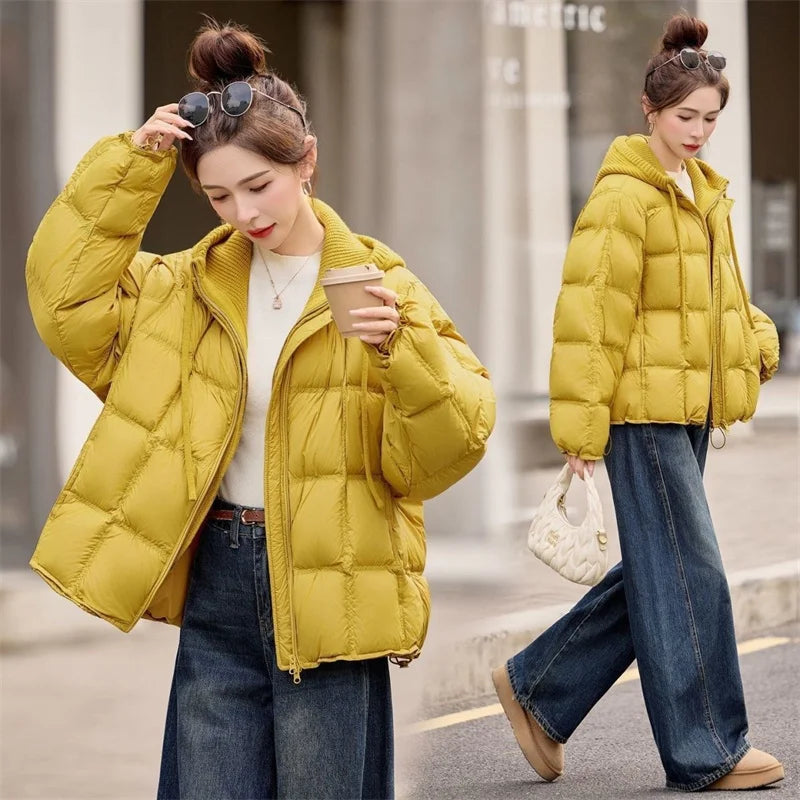 Femme Korean Cotton Padded Outwear 2026 New Autumn Winter Women Casual Knitted Hooded Puffer Jacket Fake Two-piece Warm Parkas
