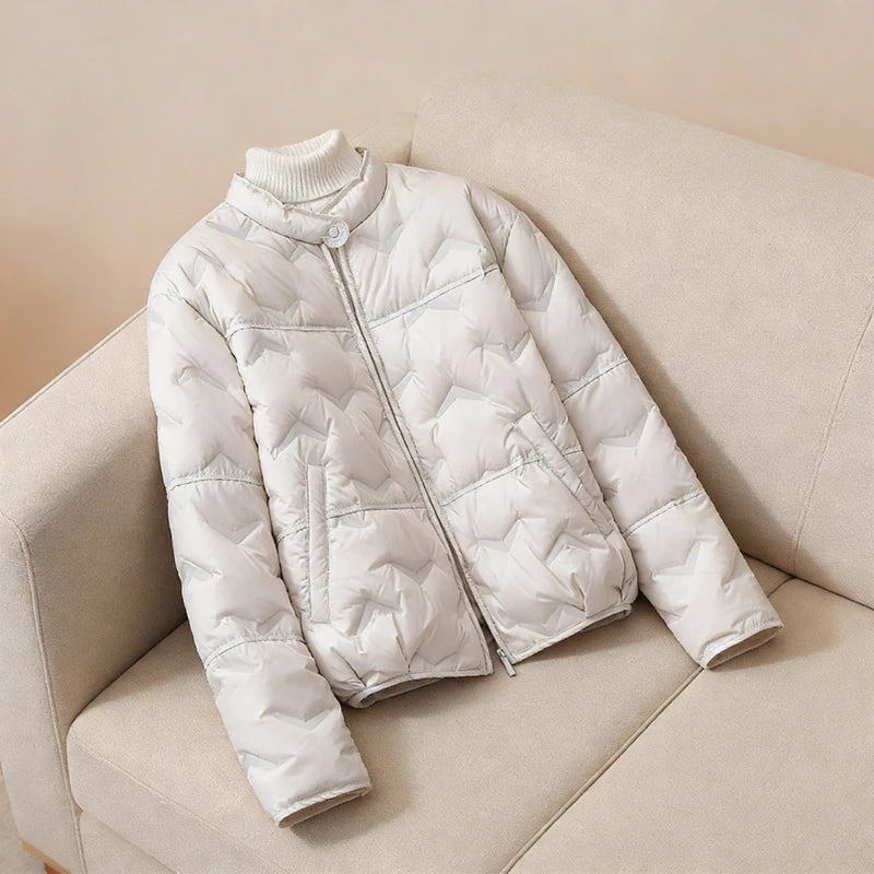 Schinteon Women White Duck Down Lightweight Puffer Quilted Jacket Stand Collar Fashion Autumn Winter Short Coat 2026 New