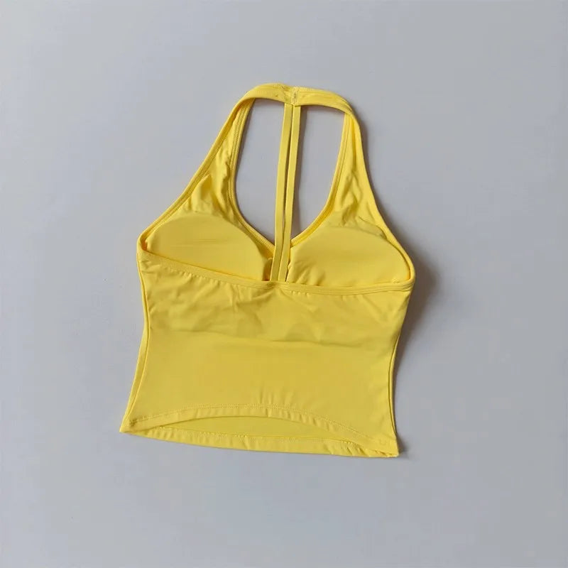 Women's Summer V-Neck Yoga Sports Vest Hanging Back Neck Design Outdoor Running Training Gathered Fit Active Wear Top