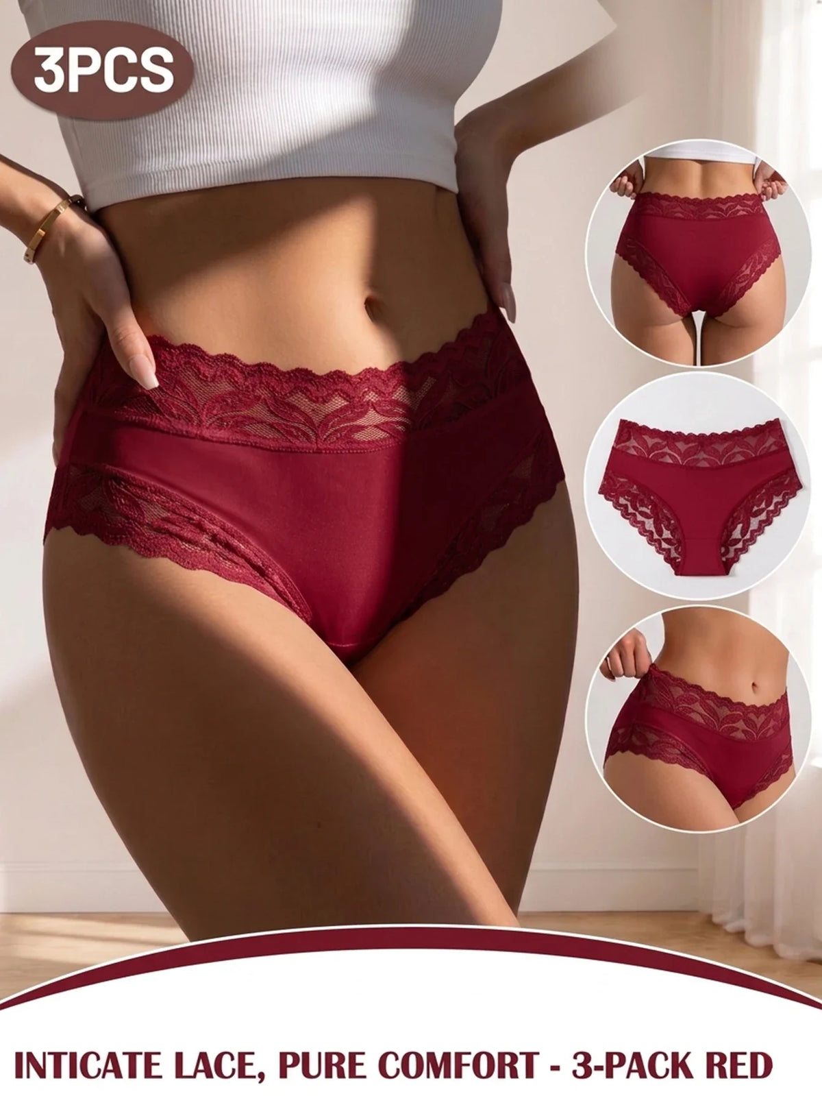 Premium 3-Piece Lace Panties Set – Breathable High-Waist Briefs for Women