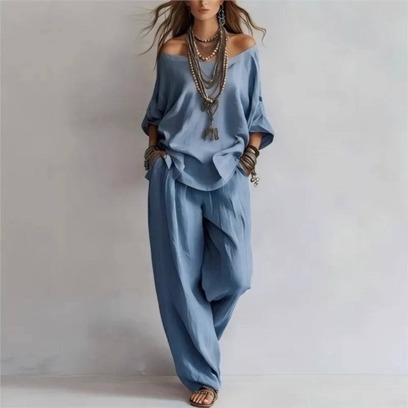 Summer New Casual Loose Linen Women's Two Piece Set Three-quarter Sleeve Off Shoulder Top Wide Leg Pants Suit Women Clothing