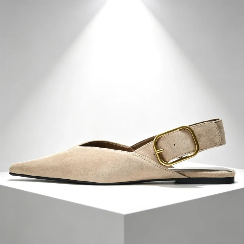 Fashion Metal Buckle Design Flat Sandals Women 2026 New Brown Suede Pointed Toe Slingback Designer Shoes Comfortable Women Shoes