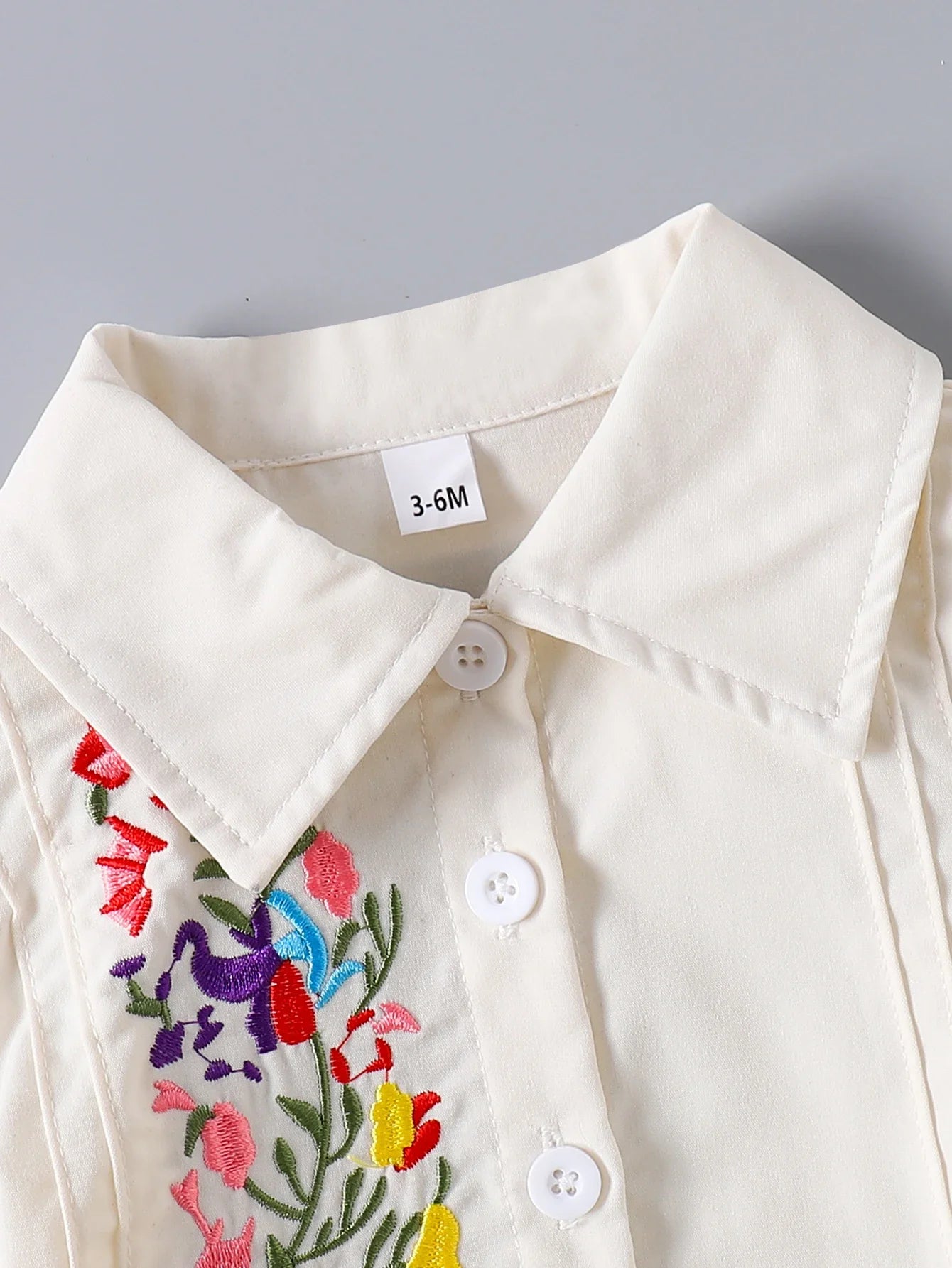 Baby Boy Beige Outfit, Floral Embroidery Collared Shirt & Shorts, Summer Casual Set