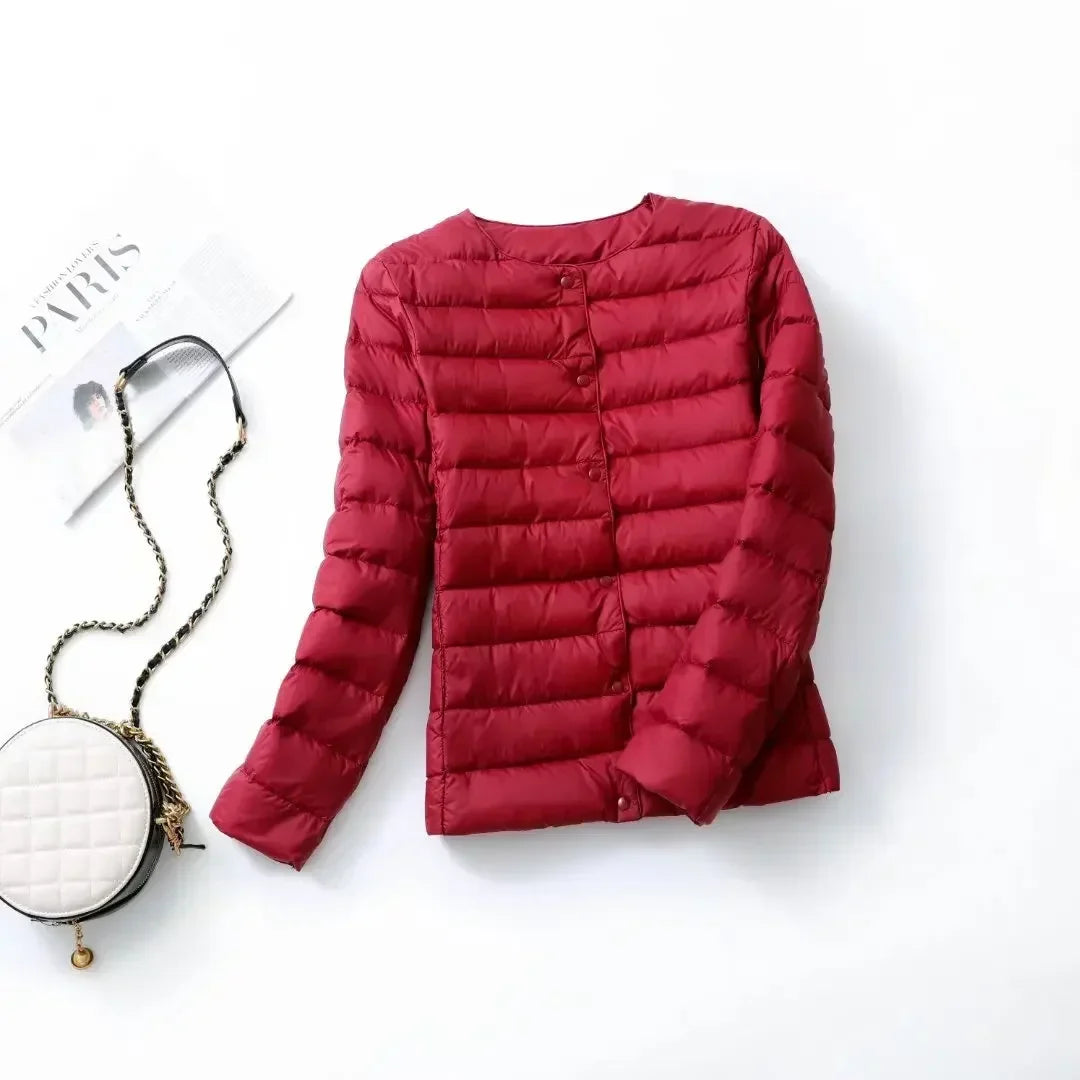 New Female Light Down Coat Women Liner Duck Down Jacket O-neck Variable V-neck 2024 Fall Collarless Light Quilted Puffer Coat