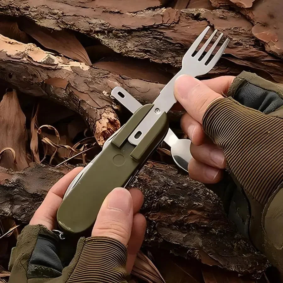 Camping Gear 5-in-1 Stainless Steel Travel Set, Multifunctional Folding Outdoor Utensils