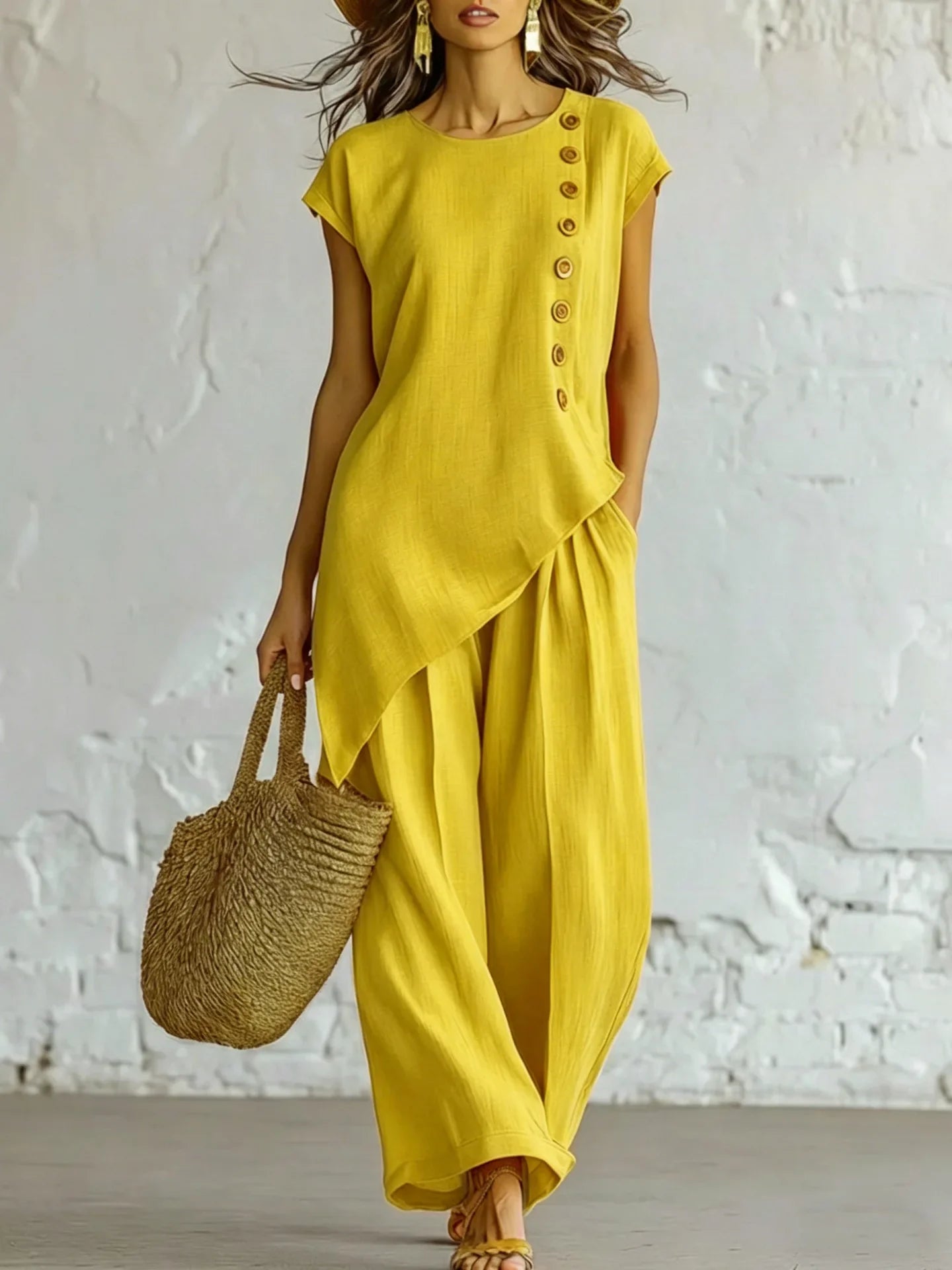 2026 Women 2 Piece Set Elastic Waist Pocket Button Decorate Wide Leg Pants+Solid Blouse Suit Casual Top Trousers Lady Outfits
