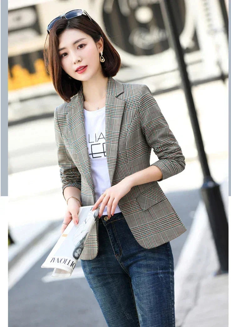 Blazer a cuadros a rayas grises, chaqueta, abrigos delgados de moda para mujer, blazers de mujer con cuello en V de un solo botón S-XXXXXL