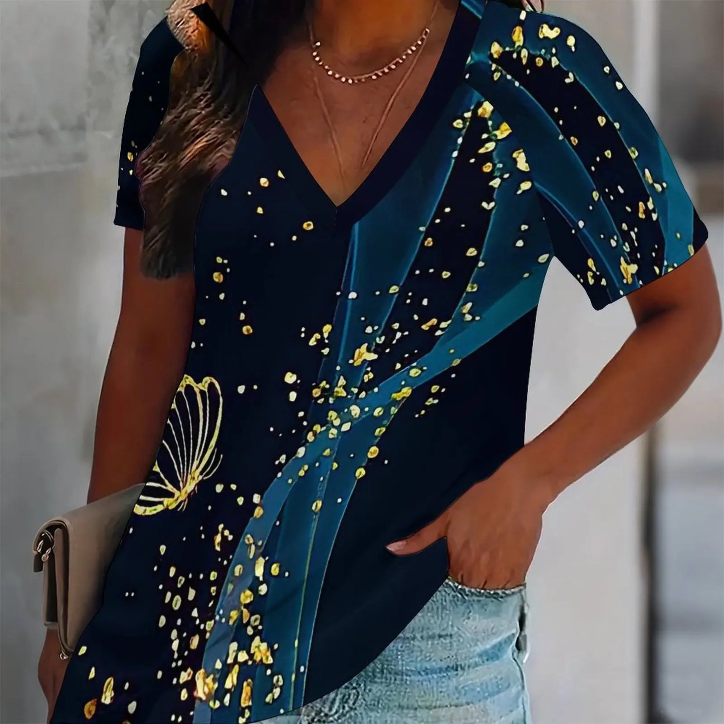 Butterfly Print Women Tshirt V Neck Short Sleeve Casual Loose Summer Tee Shirts