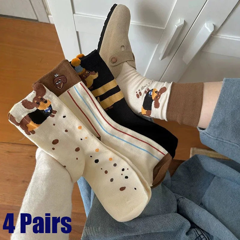 4 Pairs Women's Cartoon Dog Socks Korean Foldable Two-Wear Sweatproof Cotton Oxford Mid-Calf Socks for Fall and Spring