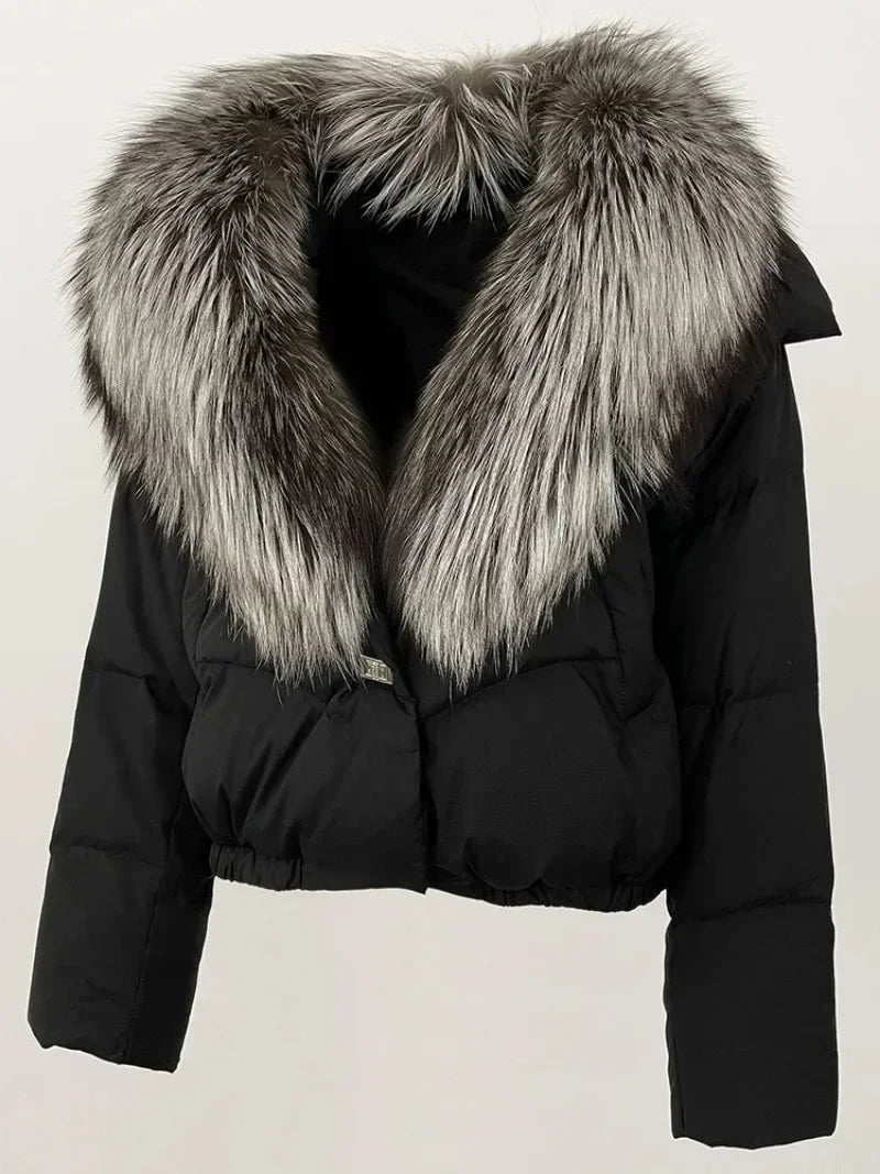 Down Jacket Women Short Puffer Jacket Thick New Big Natural Real Fox Fur Coat  Autumn Winter Female White Duck Down Coat Feather