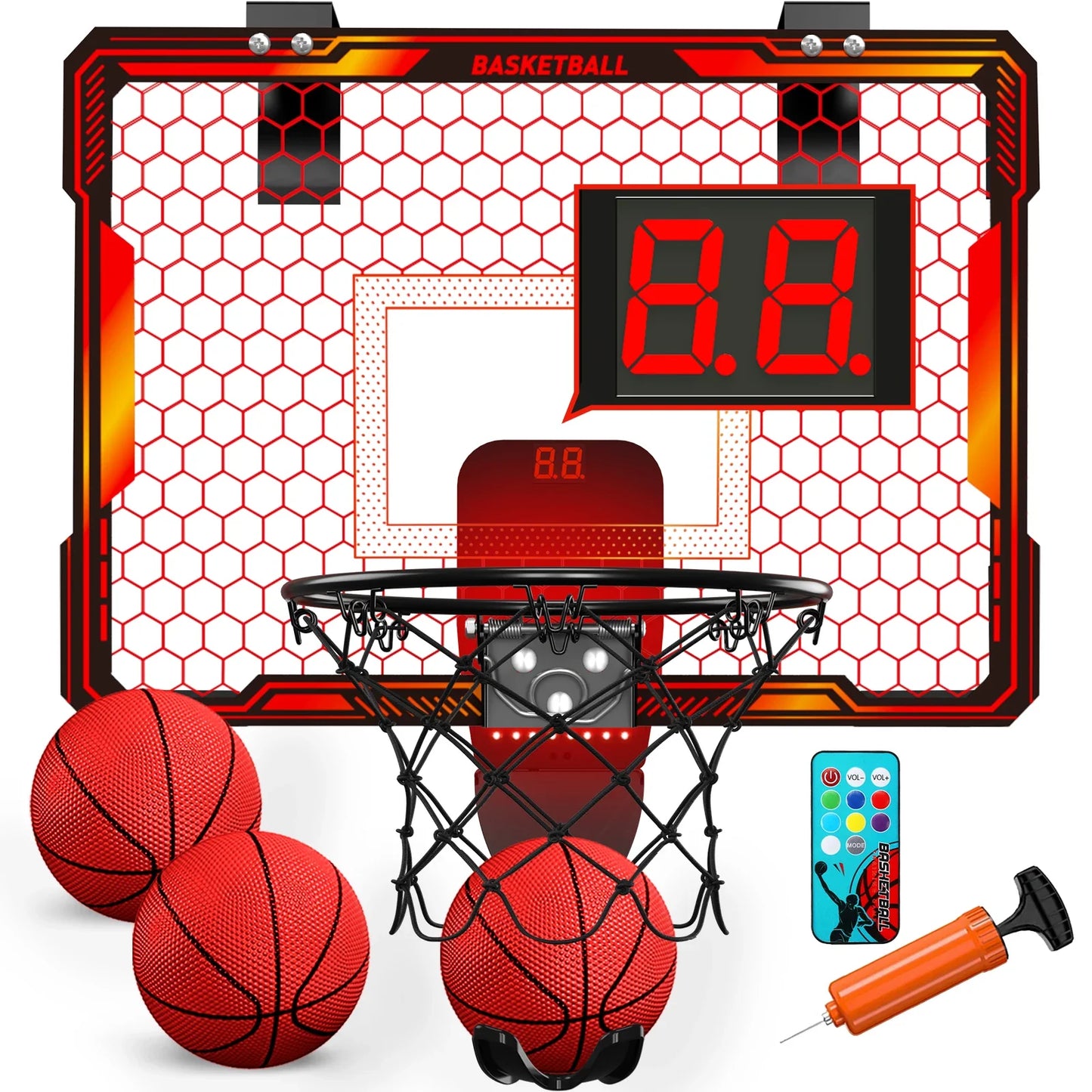 Mini Indoor Basketball Hoop with 7 LED Lights Scoreboard 3 Play Modes Adjustable Volume over Door Foldable for Kids Adults