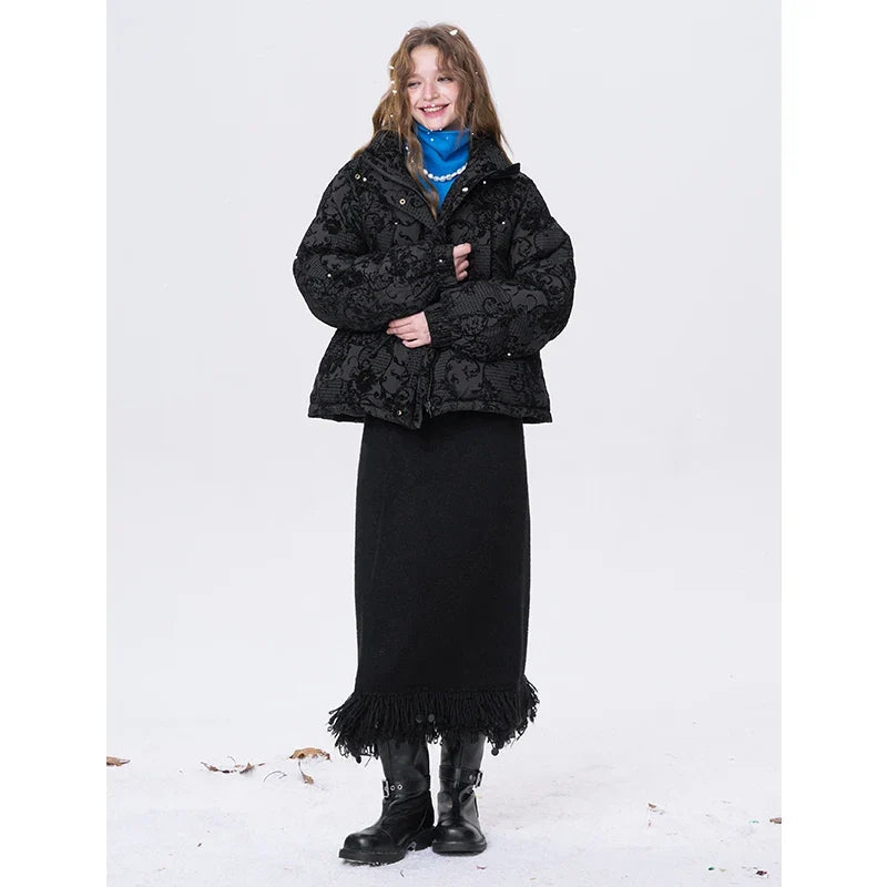 ELFSACK 2025 Puffy Down Coat Women Jacquard Embroidery Waist Gathered Gothic Royal Vintage Y2K Winter Long Puffer Jacket