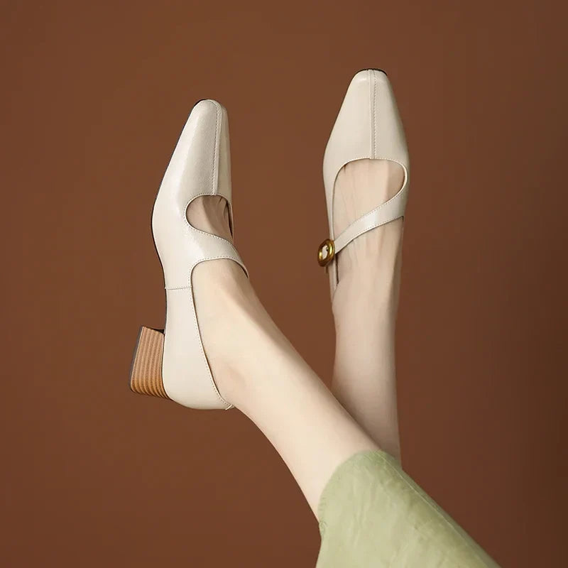 2026 New Spring Women Pumps Square Toe Chunky Heel Genuine Leather Women Shoes Shallow Metal Buckle Strap Mary Janes Ladies