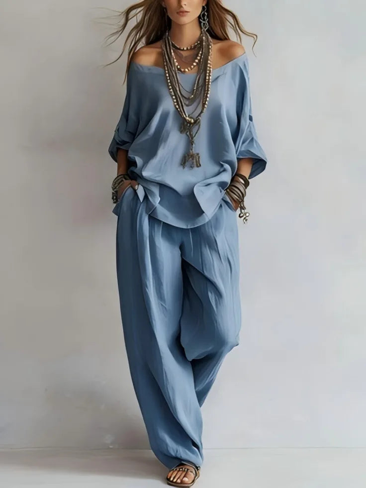 Summer New Casual Loose Linen Women's Two Piece Set Three-quarter Sleeve Off Shoulder Top Wide Leg Pants Suit Women Clothing