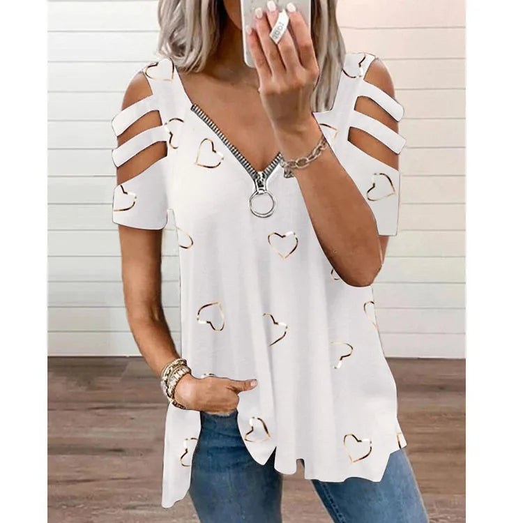 Plus Size V-Neck Zipper Print Sexy Hollow Short Sleeve Loose Casual T-Shirt Women's Tops