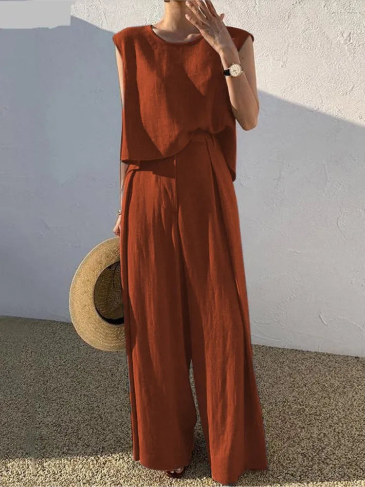 Lady Casual Loose 2 Piece Sets Fashion O-Neck Sleeveless Pullover Tops+wide Leg Pants Two Piece Sets For Women Summer Office New