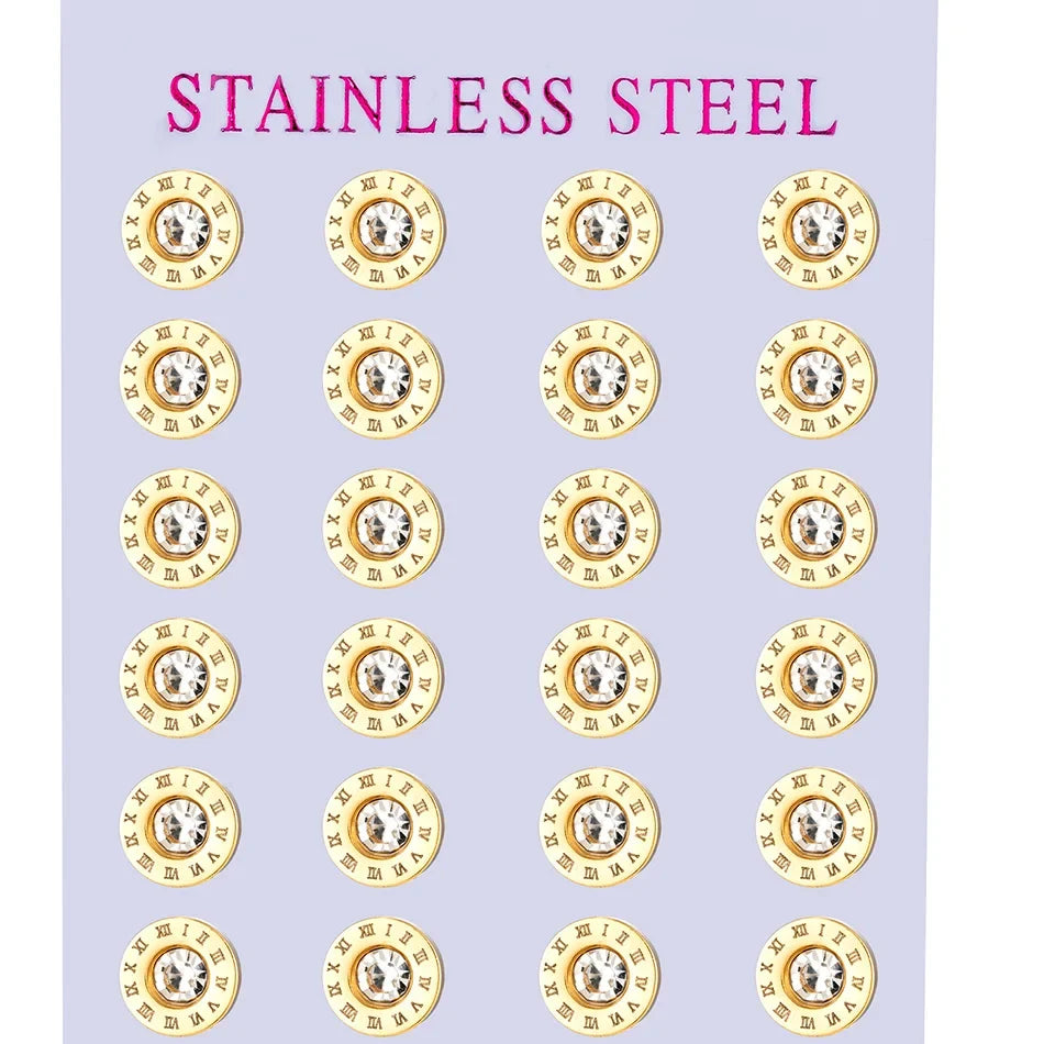 12 Pairs Pack Stainless Steel Round Shape Cubic Zircon Roman Numeral