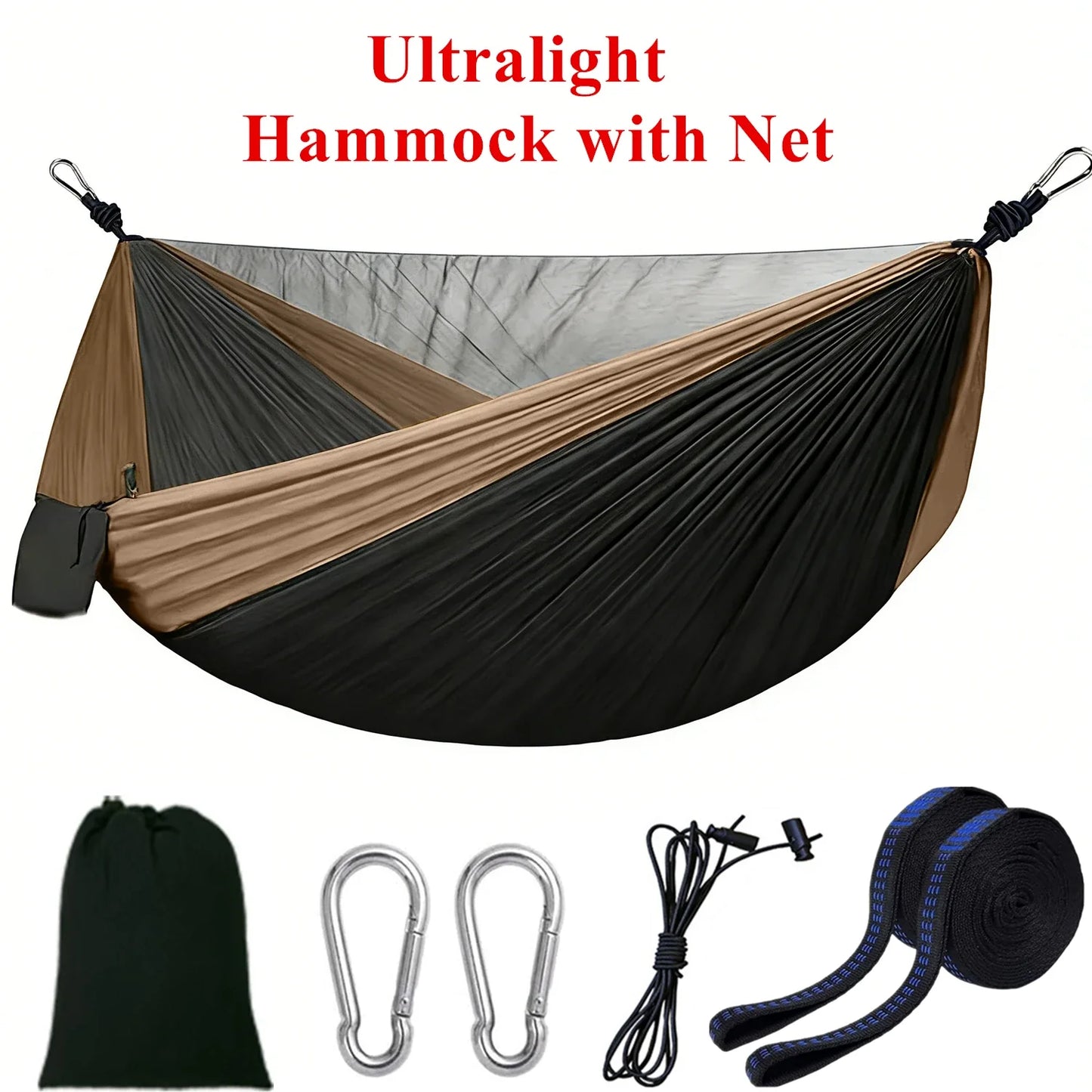 Camping hammock with mosquito net, portable outdoor hammock with mosquito net, equipped with 2 straps and hooks, suitable for travel, backyard, beach, and other outdoor activities