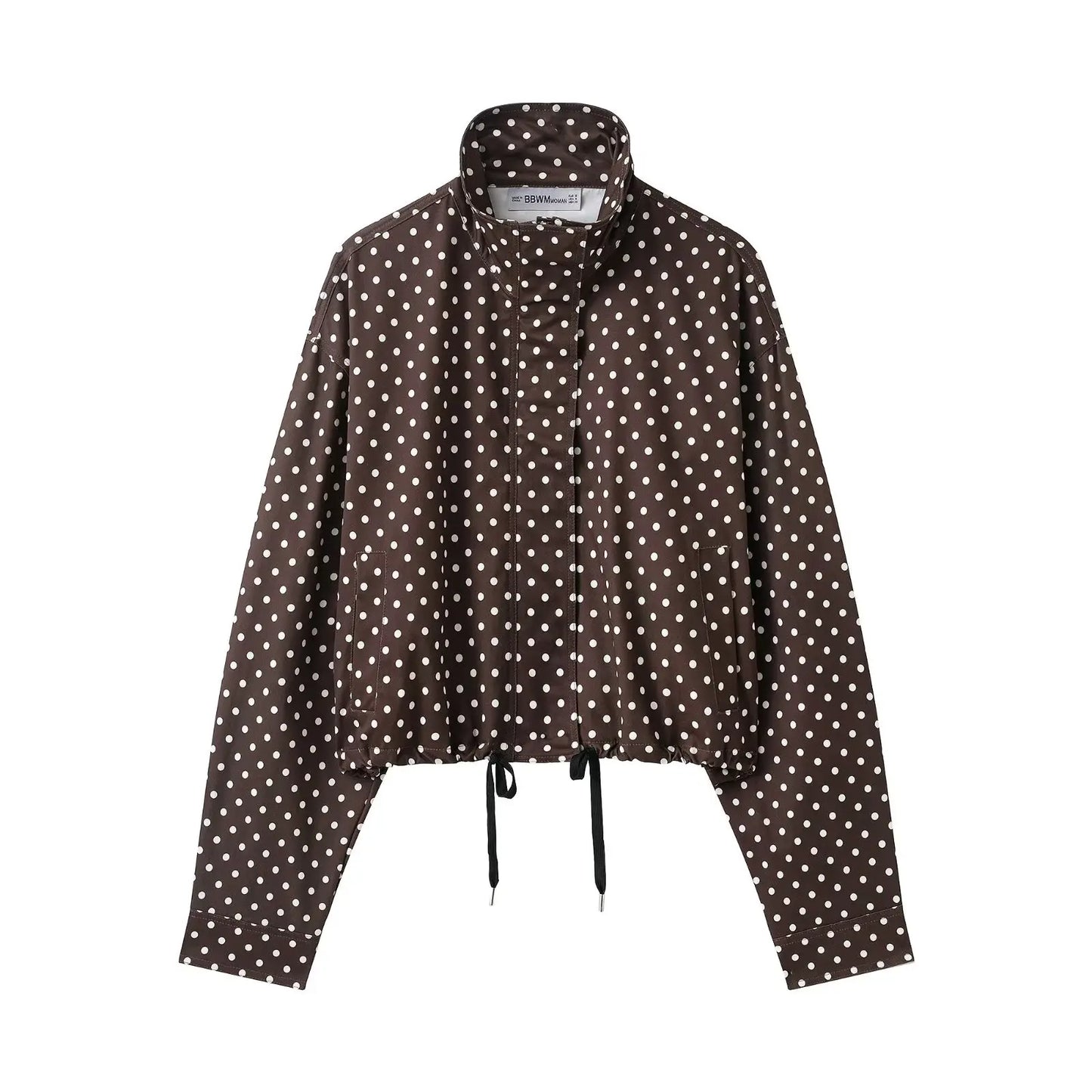 HH Fashion Women's Polka Dot Print Short Coats Autumn Long Sleeves Turtleneck Zipper With Pockets Drawstring Casual Jacket