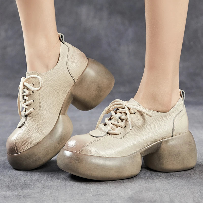 GKTINOO 2026 Spring New Genuine Leather Pumps Thick Soled Women Shoes Retro Comfortable Round Toe Wedges Platform Shoes