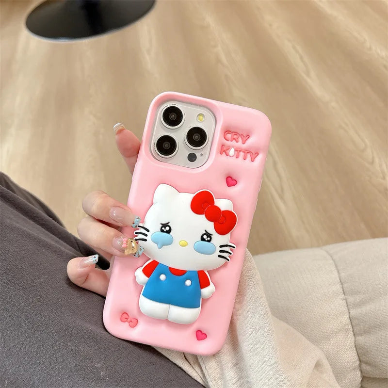 Funda de teléfono de silicona suave con soporte telescópico de dibujos animados 3D de Kawaii Cry Hello Kitty para iPhone