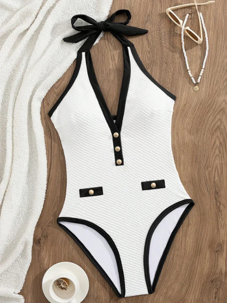 Sexy Deep V Halter High Cut One Piece Swimsuit